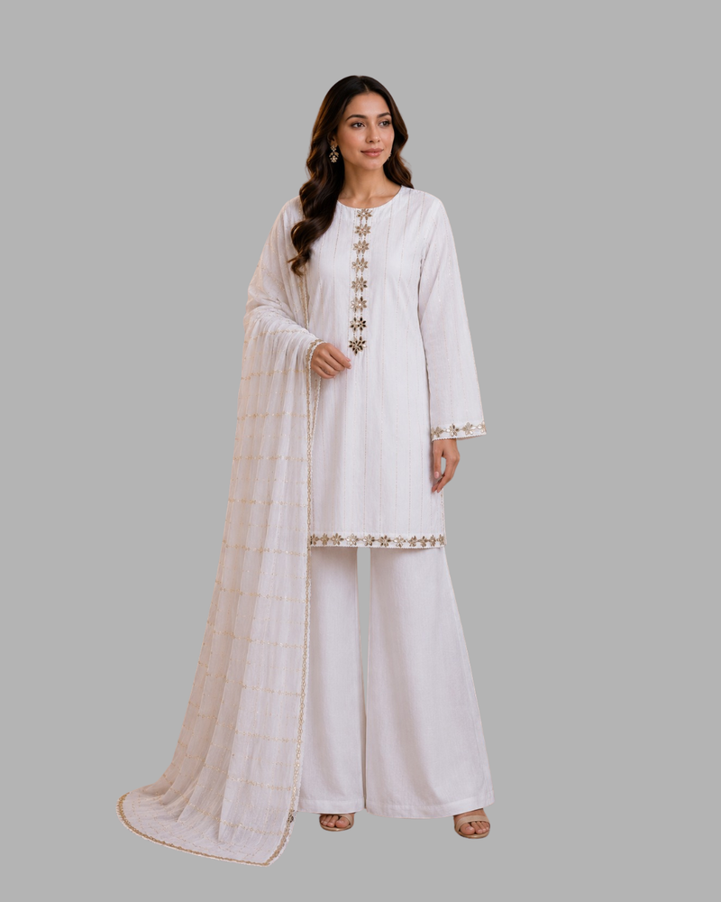 White & Gold Grip Silk 3 Pc – Stitched Pret Collection