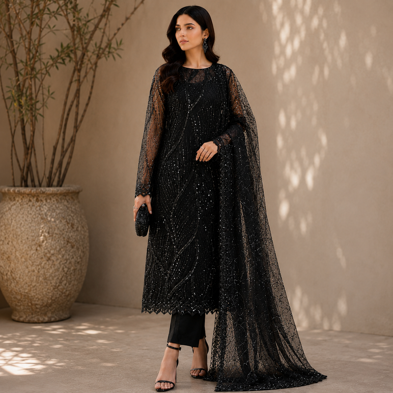 Velmira Black Embellished Net 3 Pc Suit – Luxury Pret Collection
