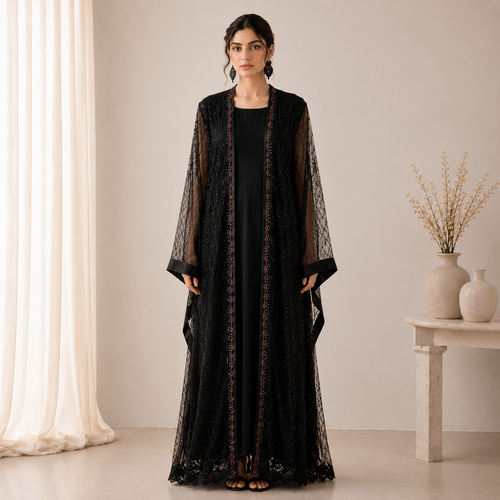 Black Pearl Work Open Gown Set – Luxury 2 Piece Pret
