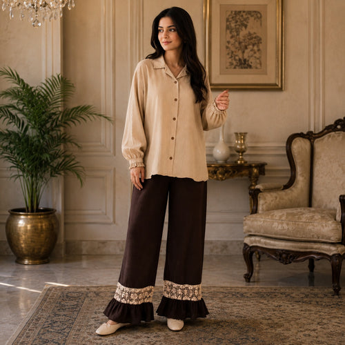 Velmira Beige & Brown Bubble Crinkle Co-Ord Set – Pret Collection