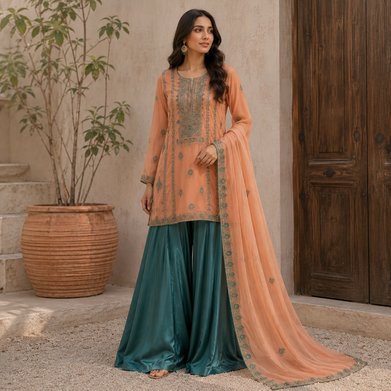Velmira Peach & Deep Sea Green 3 Pc Ensemble – Luxury Pret Collection