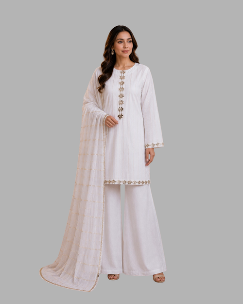 White & Gold Grip Silk 3 Pc – Stitched Pret Collection