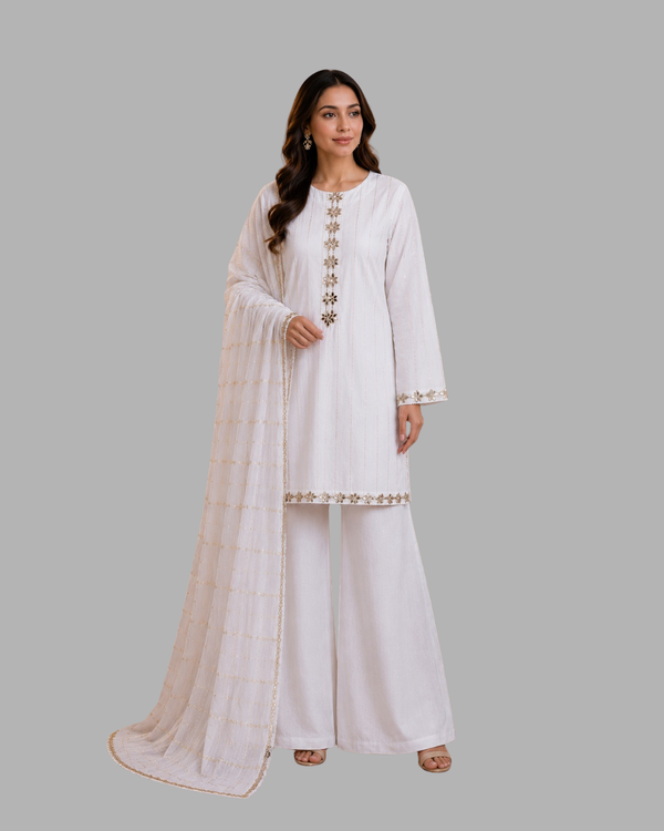 White & Gold Grip Silk 3 Pc – Stitched Pret Collection