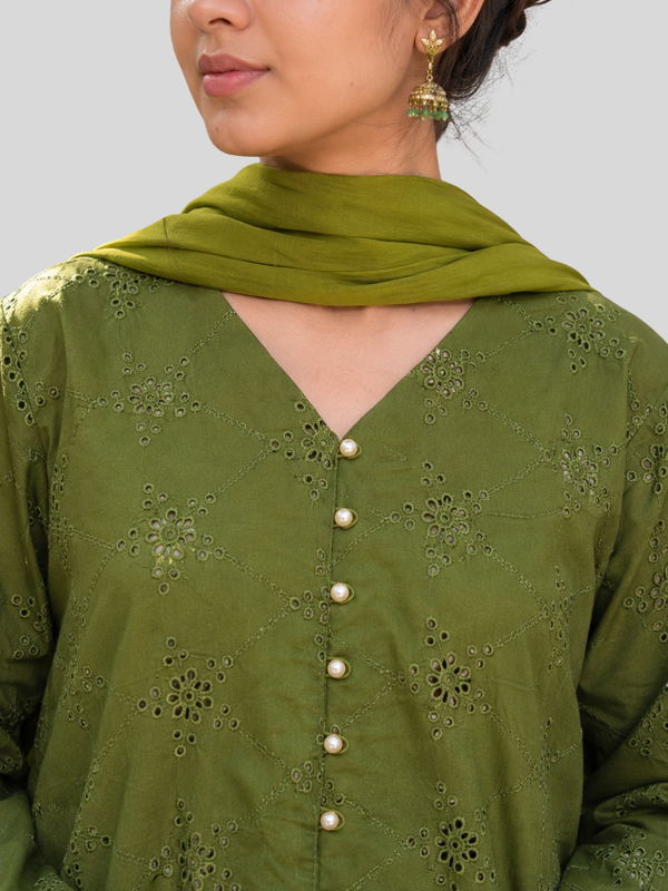Olive Green Chikankari 3 Pc – Daily Wear Pret Collection