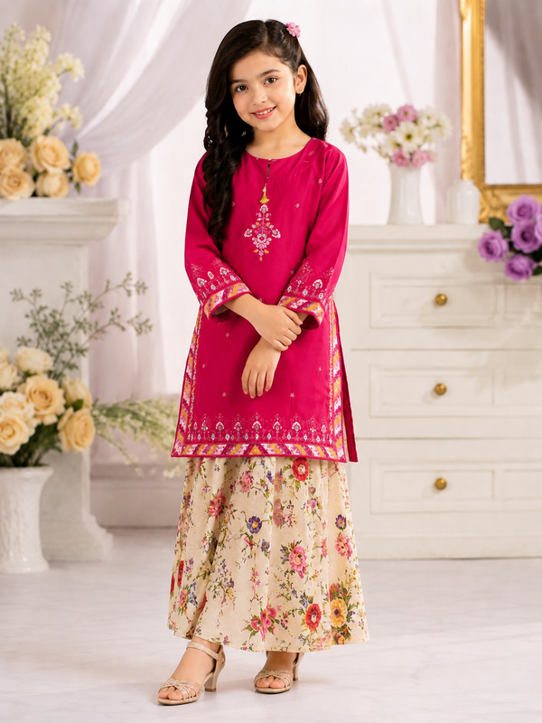 Kids Pink Embroidered Kurta & Plazo 2 Pc – Kids Collection