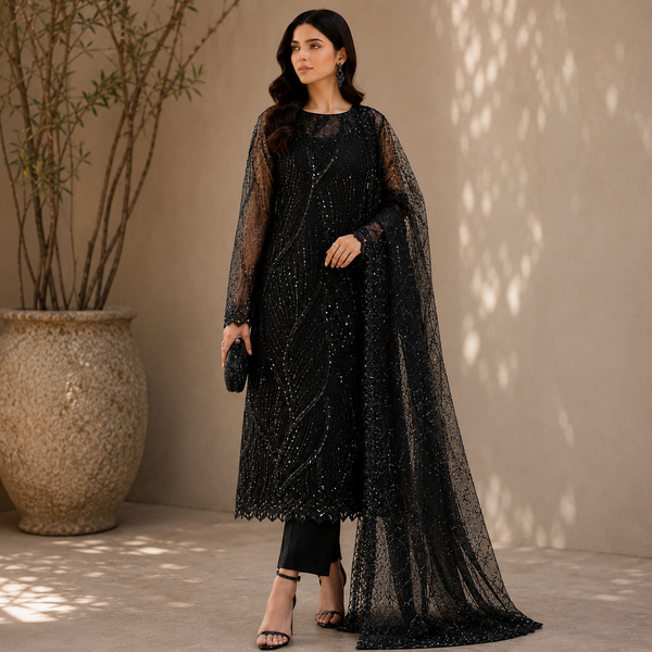 Velmira Black Embellished Net 3 Pc Suit – Luxury Pret Collection