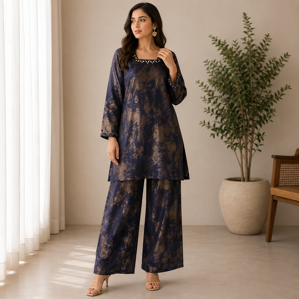 Velmira Navy Blue with Gold Print Silk Co-Ord Set – Luxury Pret Collection