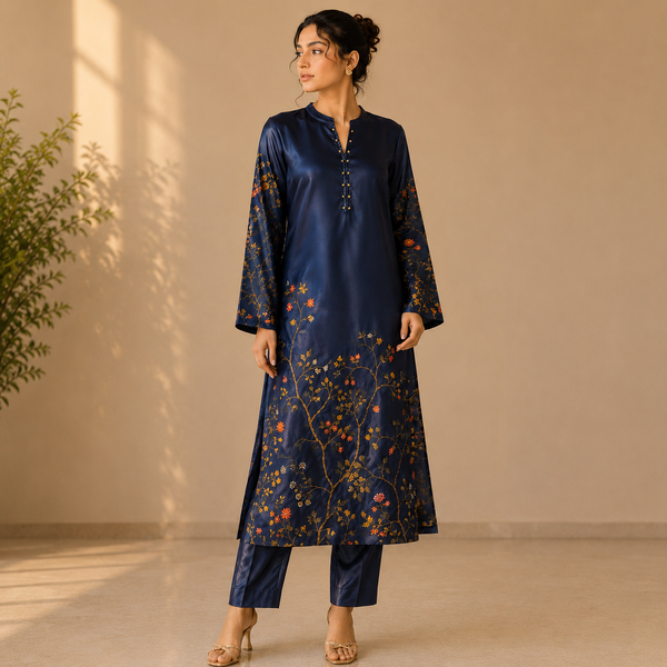 Velmira Navy Blue Printed Silk 2 Pc Suit – Luxury Pret Collection