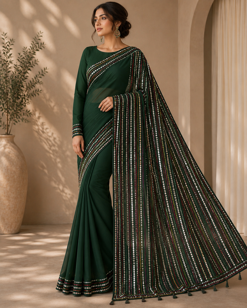 Velmira Emerald Grace Chiffon Saree – Luxury Collection