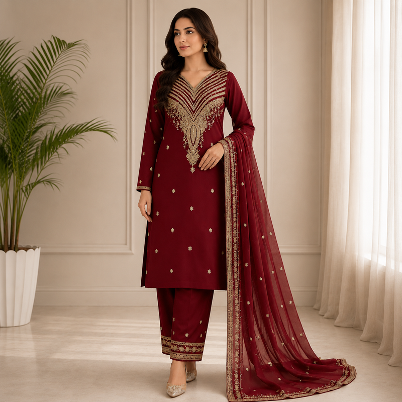 Velmira Silk Machine Embroidered 3 Pc Suit – Luxury Pret Collection