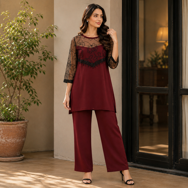 Velmira Burgundy Georgette Embellished Shirt 2 Pc