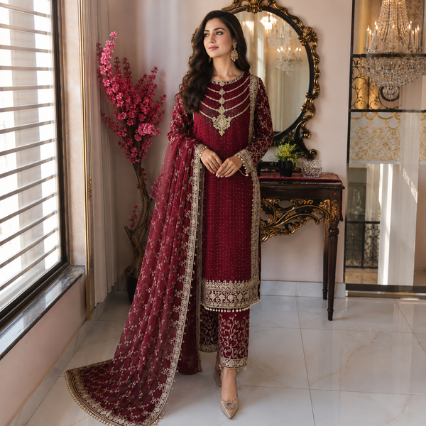 Burgundy Shafoon Embroidered 3-Piece – Elegant Festive Collection
