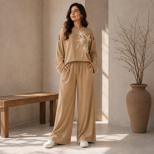 Velmira Beige Cold Shoulder Floral Co-Ord Set – Pret Collection