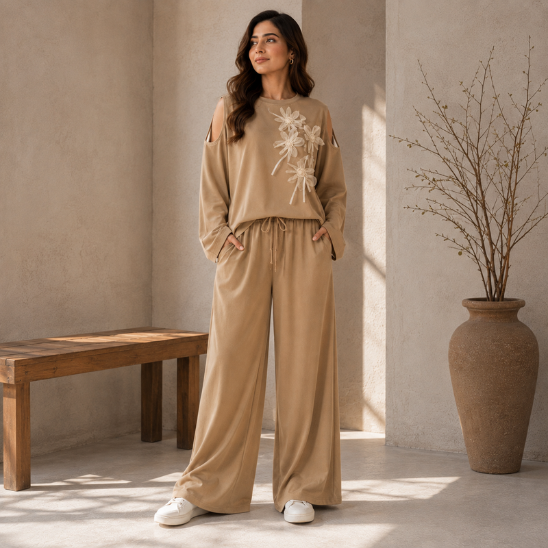 Velmira Beige Cold Shoulder Floral Co-Ord Set – Pret Collection
