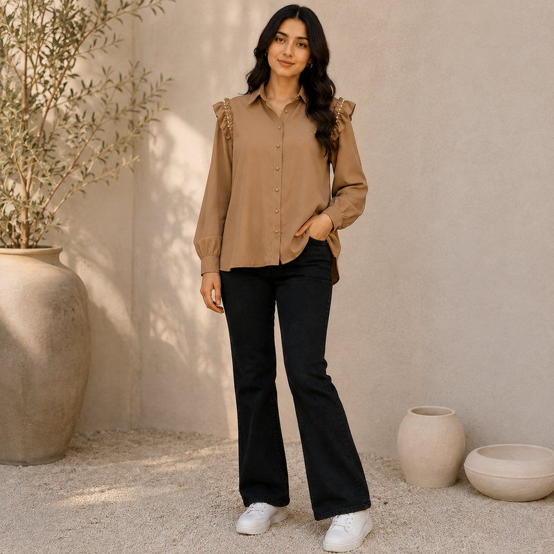 Velmira Camel Brown Pearl Shoulder Top