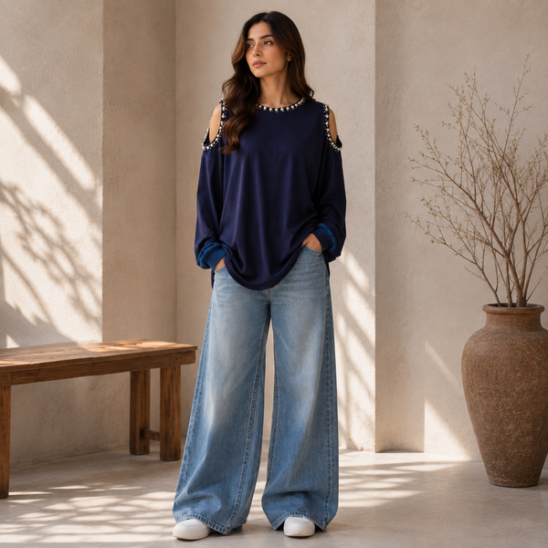 Velmira Navy Pearl & Bead Cold Shoulder Top – Pret Collection