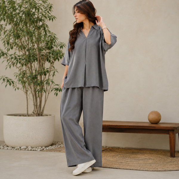 Velmira Grey Bubble Crinkle Co-Ord Set – Pret Collection