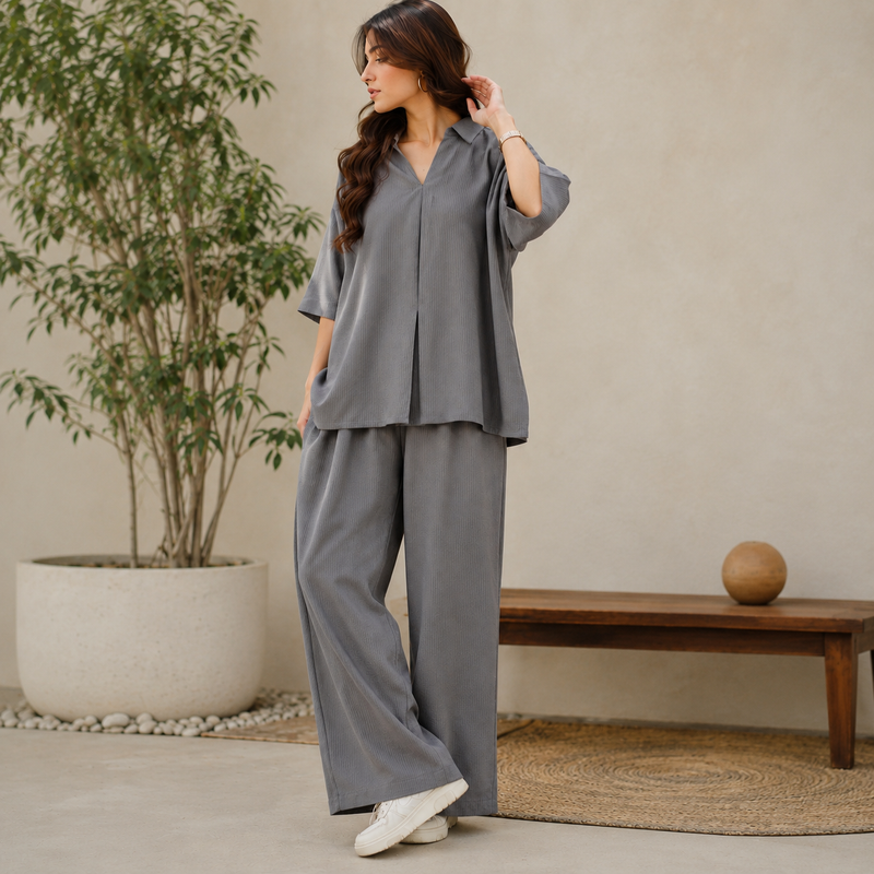 Velmira Grey Bubble Crinkle Co-Ord Set – Pret Collection