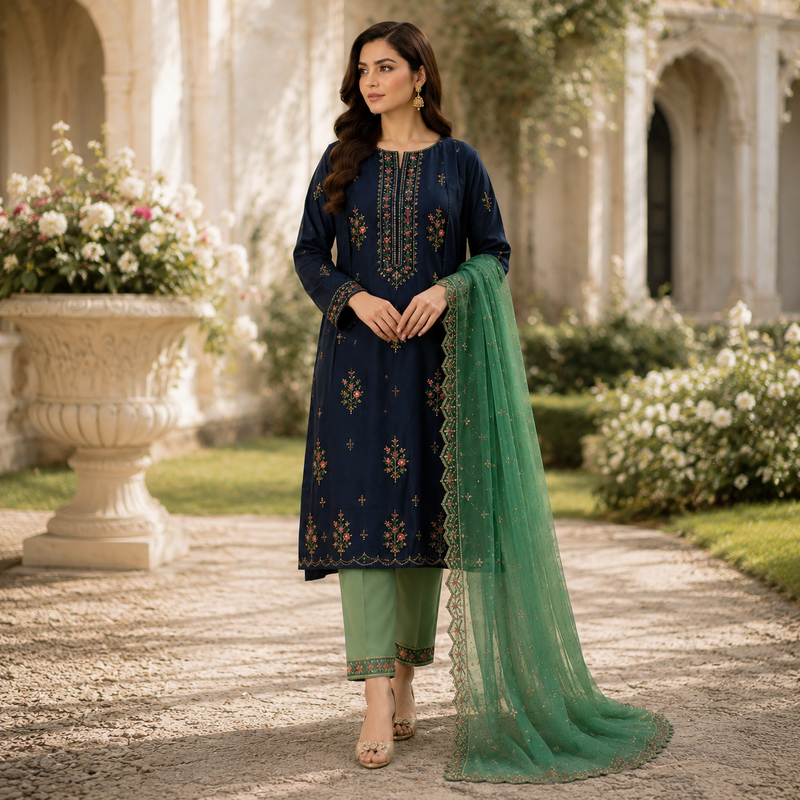 Velmira Navy & Green Silk Machine Embroidered 3 Pc Suit – Luxury Pret Collection
