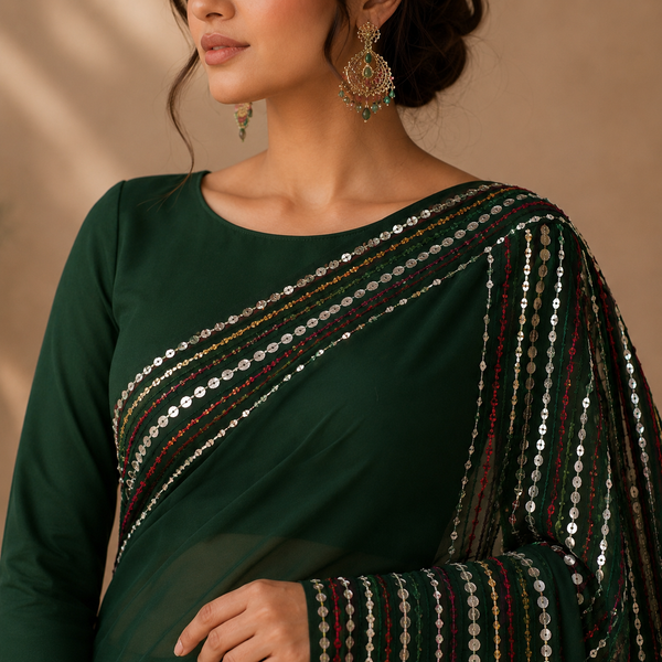 Velmira Emerald Grace Chiffon Saree – Luxury Collection