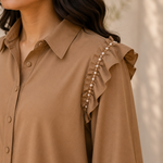 Velmira Camel Brown Pearl Shoulder Top