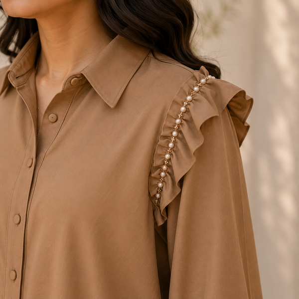 Velmira Camel Brown Pearl Shoulder Top