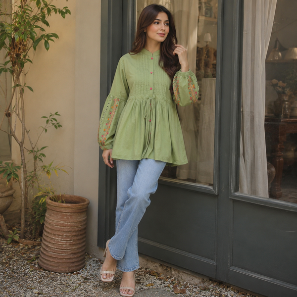 Velmira Sage Green Embroidered Peplum Top – Pret Collection