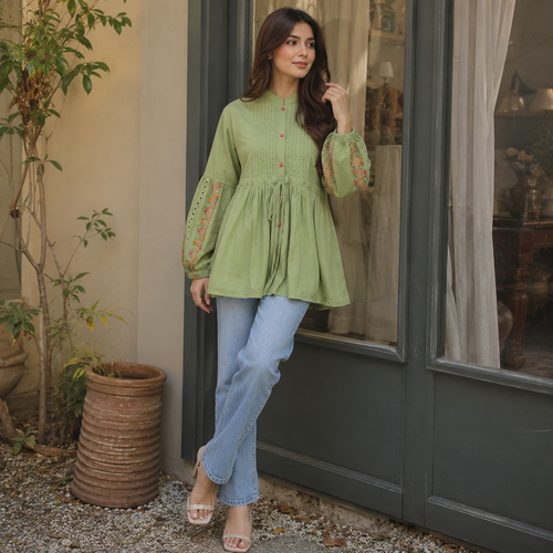 Velmira Sage Green Embroidered Peplum Top – Pret Collection