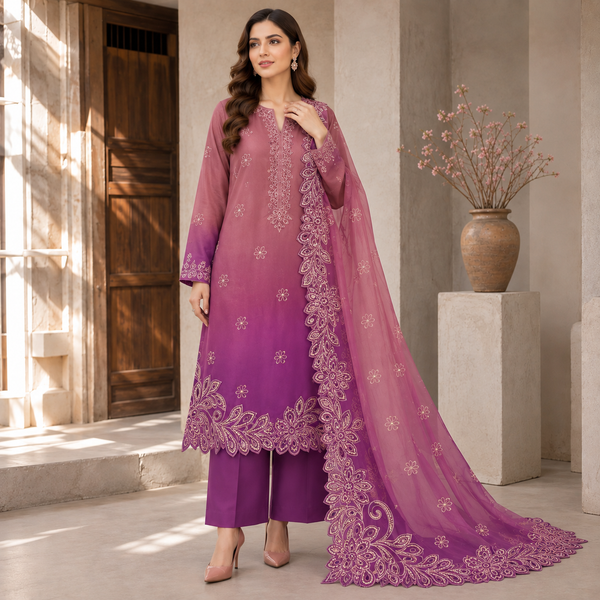 Purple Shisha Silk Embroidered 3-Piece – Luxury Festive Collection